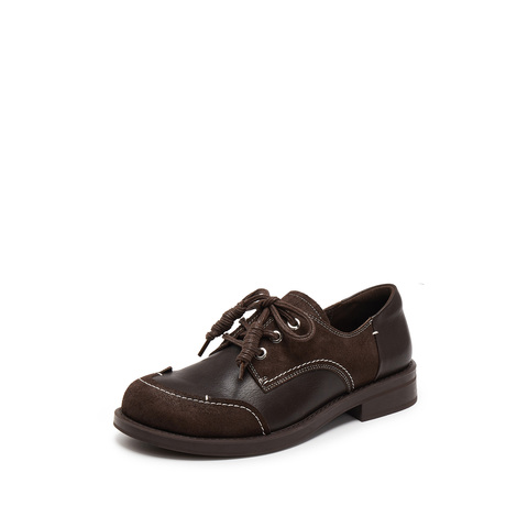 思加图2025秋季新款英伦复古牛津鞋小皮鞋粗跟黑色女单鞋J6926CM5