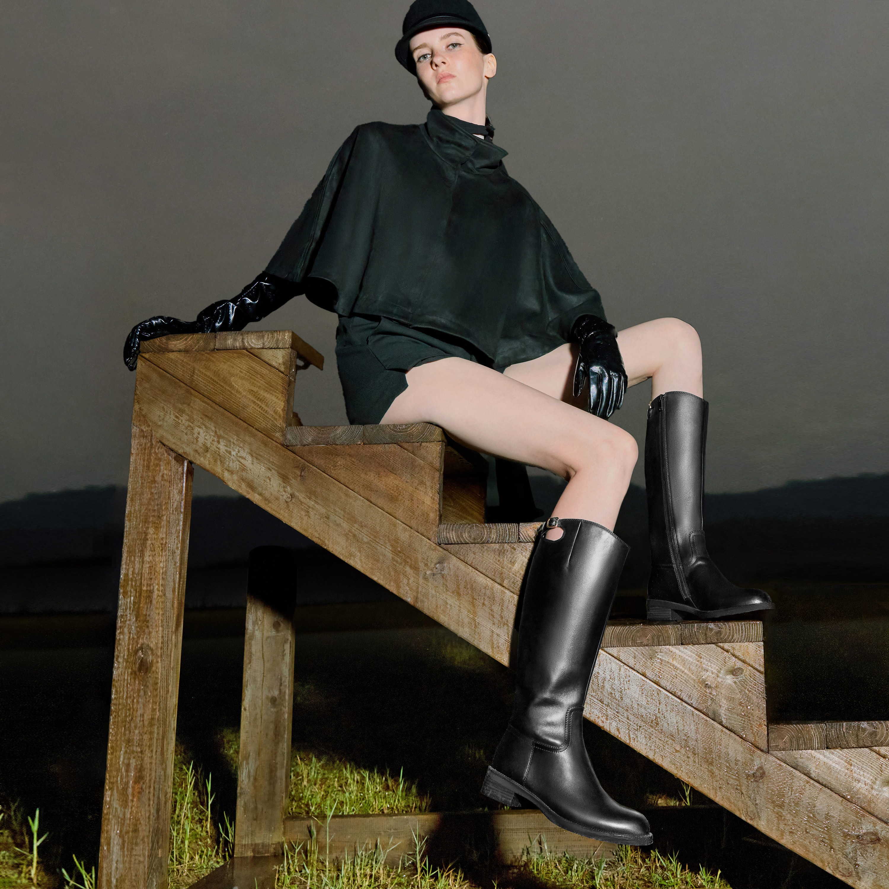 思加图2025冬季新款蝴蝶骑士长靴高筒靴骑士靴粗跟女靴EIF04DG5