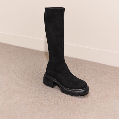 思加图2025冬季新款复古弹力靴长靴高筒靴厚底增高女靴子Y2564DG5