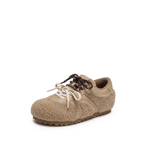 思加图2025冬季新款复古毛毛鞋德训鞋保暖平底鞋系带女鞋S2901DM5