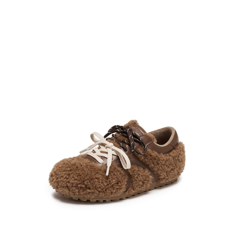 思加图2025冬季新款复古毛毛鞋德训鞋保暖平底鞋系带女鞋S2901DM5