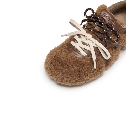 思加图2025冬季新款复古毛毛鞋德训鞋保暖平底鞋系带女鞋S2901DM5