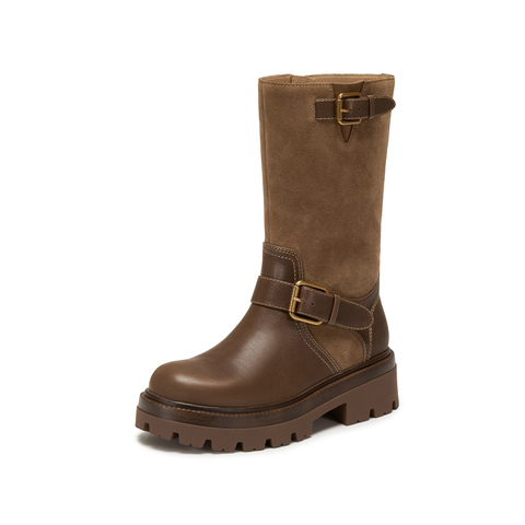 思加图2025冬季新款英伦风骑士靴长靴高筒靴粗跟女时装靴EIW05DG5