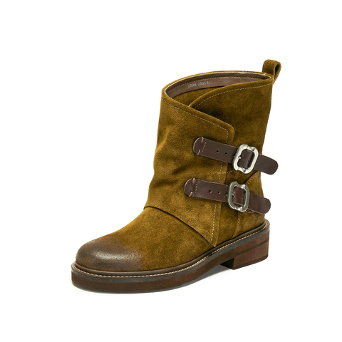 思加图2025冬季新款复古西部靴牛仔靴中靴时装靴粗跟女靴C0085DZ5