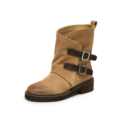 思加图2025冬季新款复古西部靴牛仔靴中靴时装靴粗跟女靴C0085DZ5