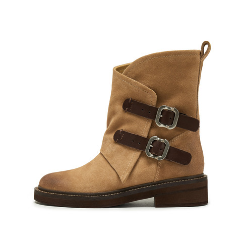 思加图2025冬季新款复古西部靴牛仔靴中靴时装靴粗跟女靴C0085DZ5