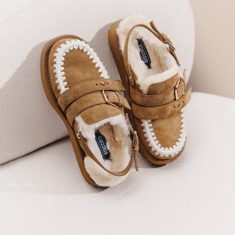 思加图2025冬季新款复古毛毛鞋厚底增高保暖半拖勃肯鞋女L6388DH5