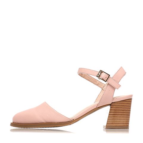 Tata/他她春专柜同款粉色羊皮革简约一字带尖头粗高跟后空女凉鞋2I810AH7