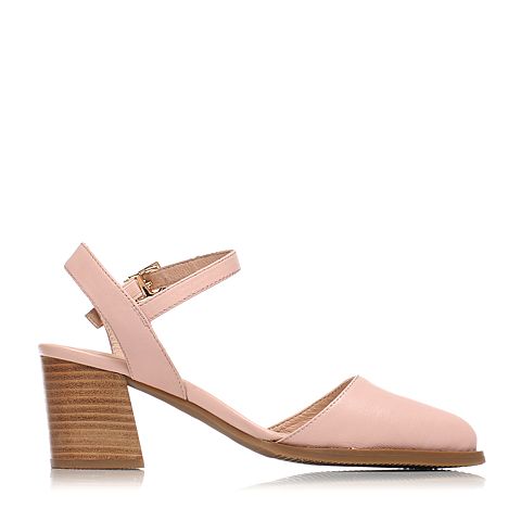 Tata/他她春专柜同款粉色羊皮革简约一字带尖头粗高跟后空女凉鞋2I810AH7