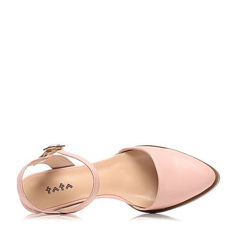 Tata/他她春专柜同款粉色羊皮革简约一字带尖头粗高跟后空女凉鞋2I810AH7