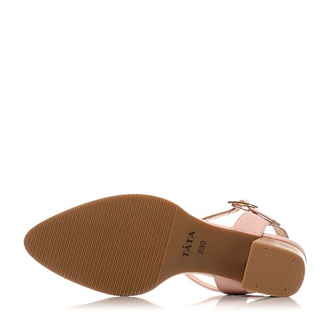 Tata/他她春专柜同款粉色羊皮革简约一字带尖头粗高跟后空女凉鞋2I810AH7