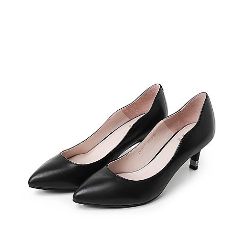 Tata/他她春黑色羊皮通勤尖头高跟女皮鞋3VDU7AQ8