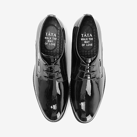 Tata/他她2018秋专柜同款黑色漆PU革绑带商务休闲鞋方跟男单鞋25Y20CM8