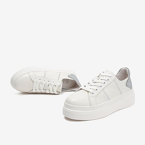 tata他她2018秋白银牛皮革刺绣小白鞋绑带坡跟女休闲鞋s3a34cm8