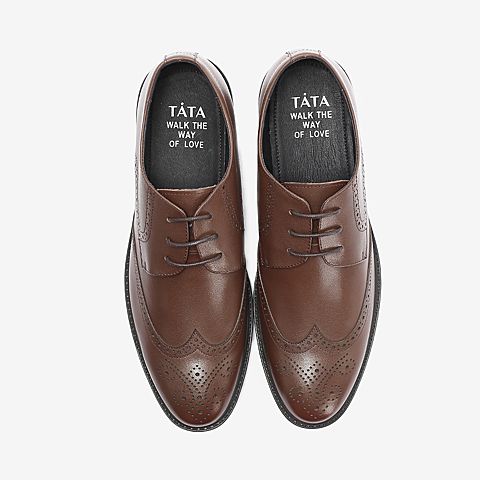 Tata/他她2018秋棕色牛皮革英伦绑带雕花商务休闲男单鞋S3C22CM8