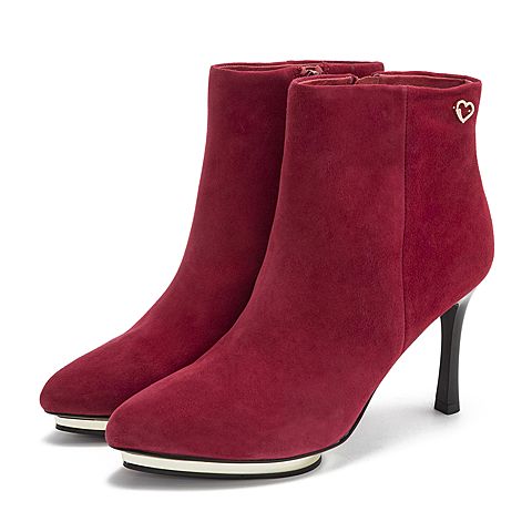 Tata/他她2018冬专柜同款红色羊皮革绒面尖头细高跟女短靴FXV41DD8