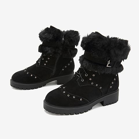Tata/他她2018冬专柜同款黑色羊皮革毛绒休闲靴女中靴FX060DZ8
