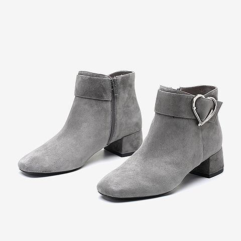 Tata/他她2018冬专柜同款灰色羊皮革心形扣通勤踝靴女短靴FGR41DD8
