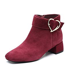 Tata/他她2018冬专柜同款酒红羊皮革心形扣通勤踝靴女短靴FGR41DD8