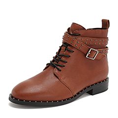 Tata/他她2018冬专柜同款棕色羊皮革皮带饰扣马丁靴休闲女短靴2GR40DD8