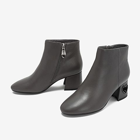 Tata/他她2018冬专柜同款灰色牛皮革通勤高跟踝靴女短靴BBF01DD8