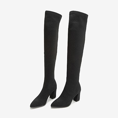 Tata/他她2018冬专柜同款黑色布面尖头高跟过膝靴女长靴BSF01DC8