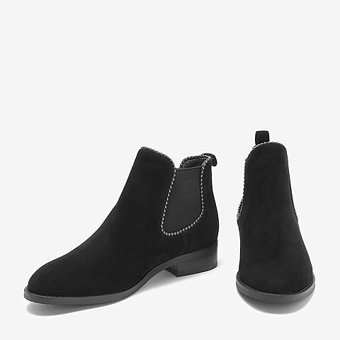 Tata/他她2018冬专柜同款黑色羊皮革绒面串珠套筒通勤踝靴女短靴DS140DD8