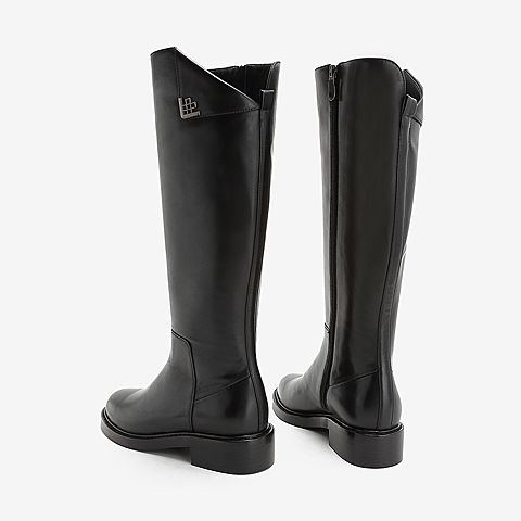 Tata/他她2018冬专柜同款黑色牛皮革通勤长筒靴骑士靴女长靴BFF01DC8