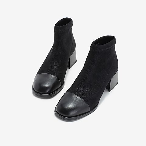 Tata/他她2018冬专柜同款黑色拼接套筒休闲女短靴CXF02DD8