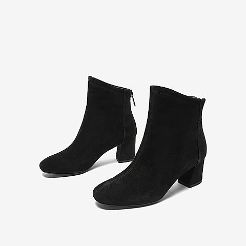 Tata/他她2018冬专柜同款黑色羊皮革通勤粗高跟女短靴FWJ41DD8