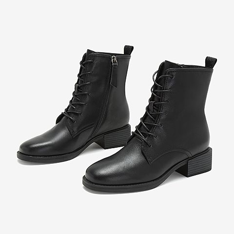 Tata/他她2018冬专柜同款黑色牛皮革马丁靴休闲女短靴EGF01DD8