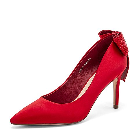 Tata/他她春专柜同款红色布面水钻蝴蝶结尖头鞋婚鞋高跟女鞋FGGA5AQ9