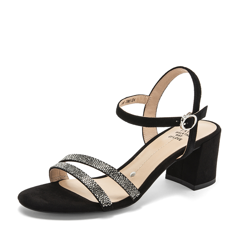 Tata/他她夏专柜同款黑色拼接一字带高跟女凉鞋2ICB6BL9