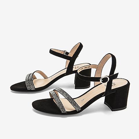 Tata/他她夏专柜同款黑色拼接一字带高跟女凉鞋2ICB6BL9