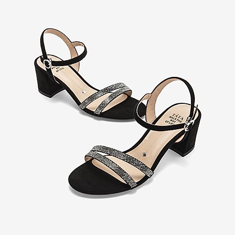 Tata/他她夏专柜同款黑色拼接一字带高跟女凉鞋2ICB6BL9