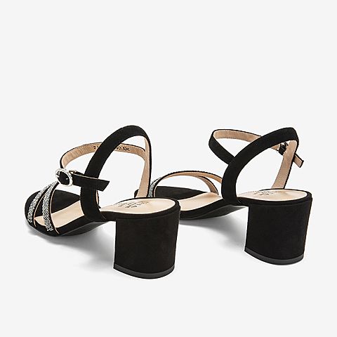 Tata/他她夏专柜同款黑色拼接一字带高跟女凉鞋2ICB6BL9