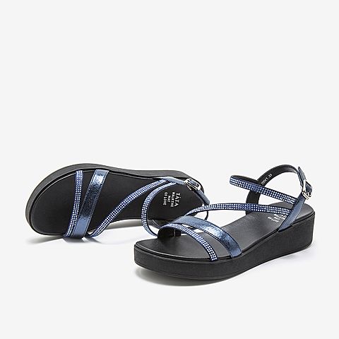 Tata/他她夏专柜同款蓝色拼接水钻条带坡跟休闲女凉鞋JNF02BL9