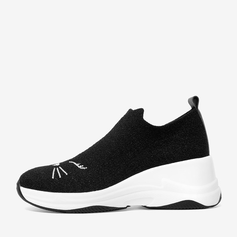 Tata/他她秋专柜同款黑色布猫咪图案袜子鞋套脚厚底女休闲鞋FHF04CM9