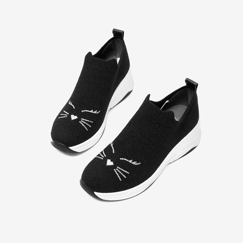 Tata/他她秋专柜同款黑色布猫咪图案袜子鞋套脚厚底女休闲鞋FHF04CM9