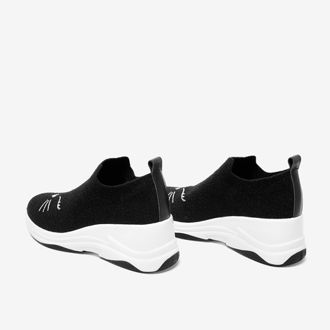 Tata/他她秋专柜同款黑色布猫咪图案袜子鞋套脚厚底女休闲鞋FHF04CM9