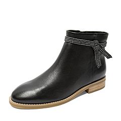 Tata/他她2019冬专柜同款黑/黑米拼接蝴蝶结简约圆头方跟女短靴2GR41DD9