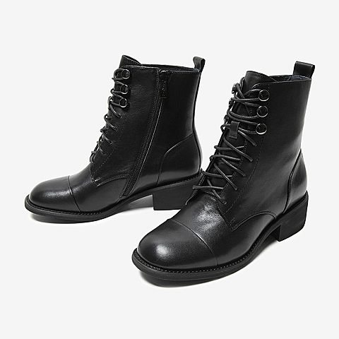 Tata/他她冬专柜同款黑色牛皮革英伦风马丁靴中跟女短靴7AQ42DD9