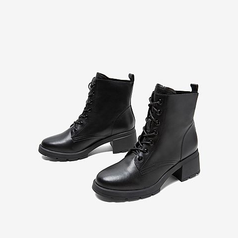 Tata/他她冬专柜同款黑色牛皮革马丁靴粗跟休闲女短靴7BU40DD9