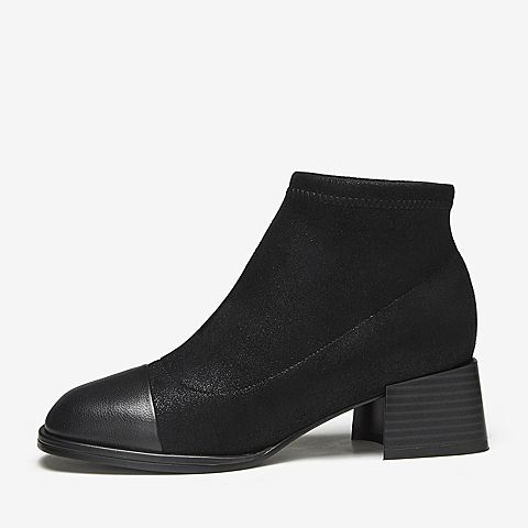 Tata/他她冬专柜同款黑色拼接简约圆头粗跟踝靴女短靴CXF02DD9