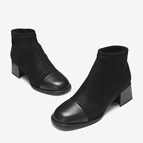 Tata/他她冬专柜同款黑色拼接简约圆头粗跟踝靴女短靴CXF02DD9