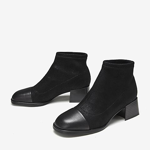 Tata/他她冬专柜同款黑色拼接简约圆头粗跟踝靴女短靴CXF02DD9
