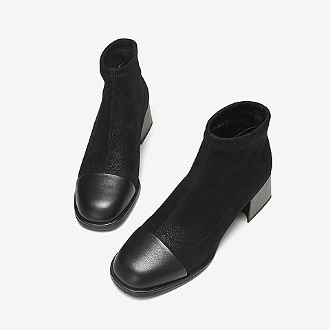 Tata/他她冬专柜同款黑色拼接简约圆头粗跟踝靴女短靴CXF02DD9