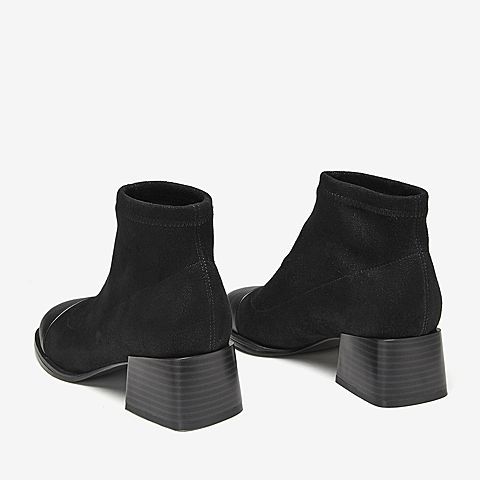 Tata/他她冬专柜同款黑色拼接简约圆头粗跟踝靴女短靴CXF02DD9