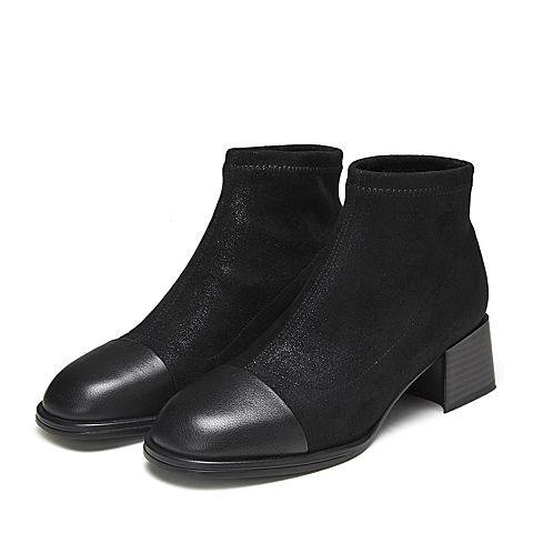 Tata/他她冬专柜同款黑色拼接简约圆头粗跟踝靴女短靴CXF02DD9