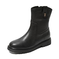 Tata/他她冬专柜同款黑色牛皮革圆头短筒靴拉链女中靴FKV60DZ9